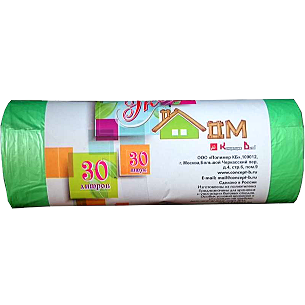 Пакеты для мусора 30л, ПНД, 30шт, рулон, зеленый ЭКОДОМ 1/60