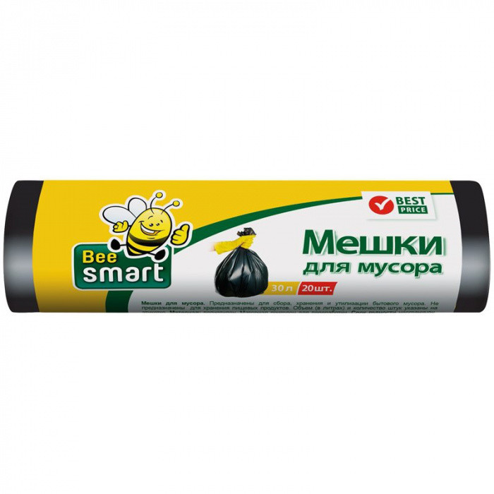 Пакеты для мусора BEE SMART 30л, ПНД, 20шт, рулон, черные, 5мкм, 47*57см 1/80