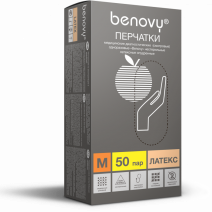 Перчатки латекс BENOVY ОДНОРАЗОВЫЕ медицинские, смотровые, опудренные, нестерильные, рр 8-M, 50пар 1/10
