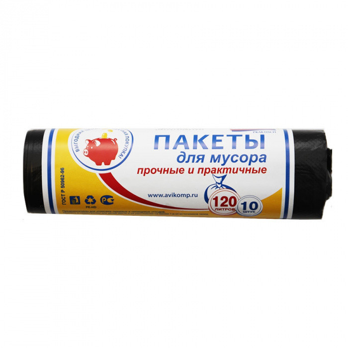 Пакеты для мусора 120л, ПНД, 10шт, рулон, черные 1/24