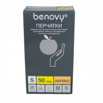 Перчатки латекс BENOVY ОДНОРАЗОВЫЕ медицинские, смотровые, неопудренные, нестерильные, рр 7-S, 50пар 1/10