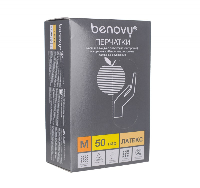 Перчатки латексные опудренные BENOVY, 100шт/упак M