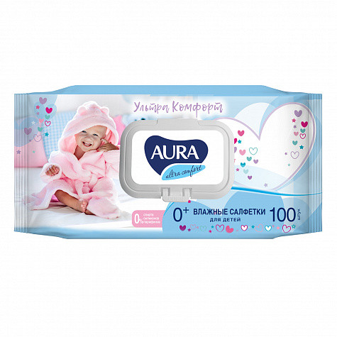 AURA ULTRA COMFORT 100шт салфетки влажные детские с крышкой 1/12