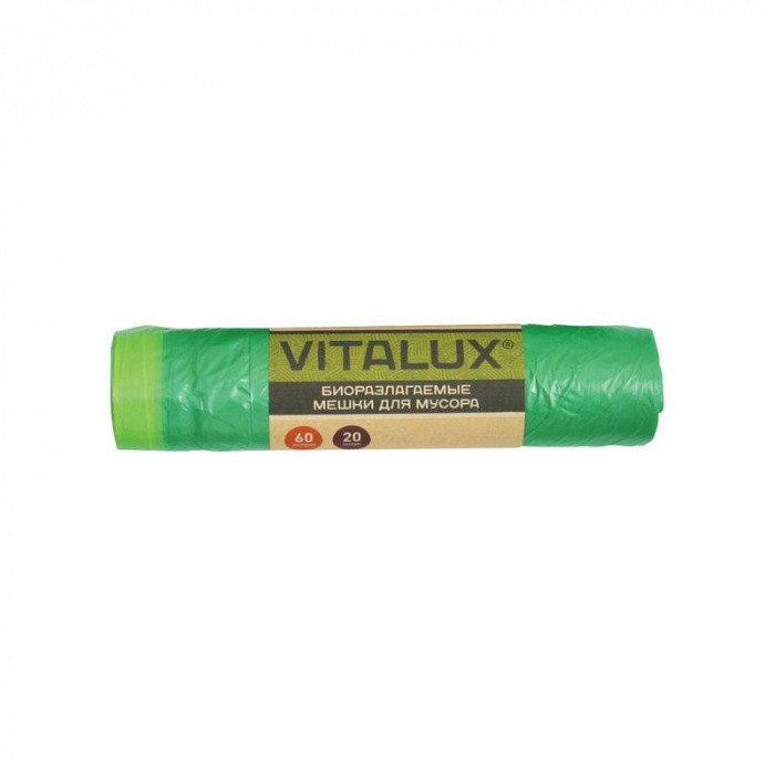 Биоразлогаемые пакеты для мусора с тесьмой VITALUX BIO 60л, ПНД, 20шт, рулон, зеленые, 14мкм, 60*75см 1/20