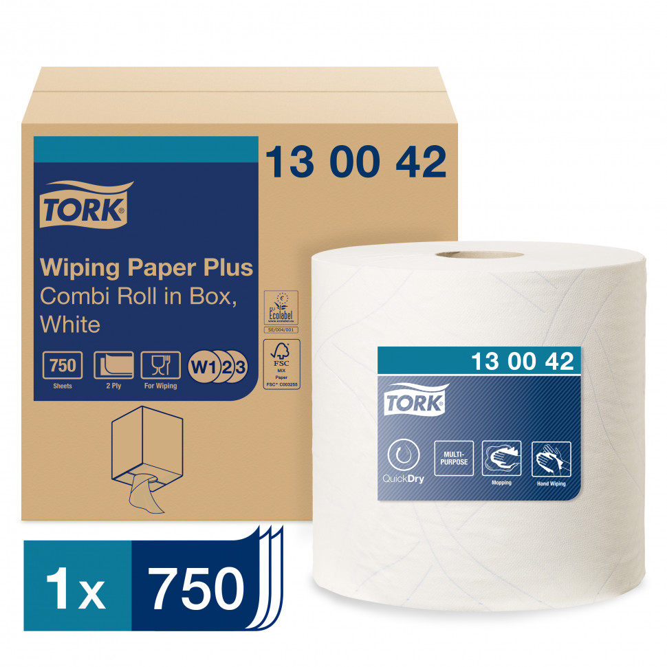 Протирочная бумага Tork Плюс в рулоне со съемной втулкой 2 сл белая W3