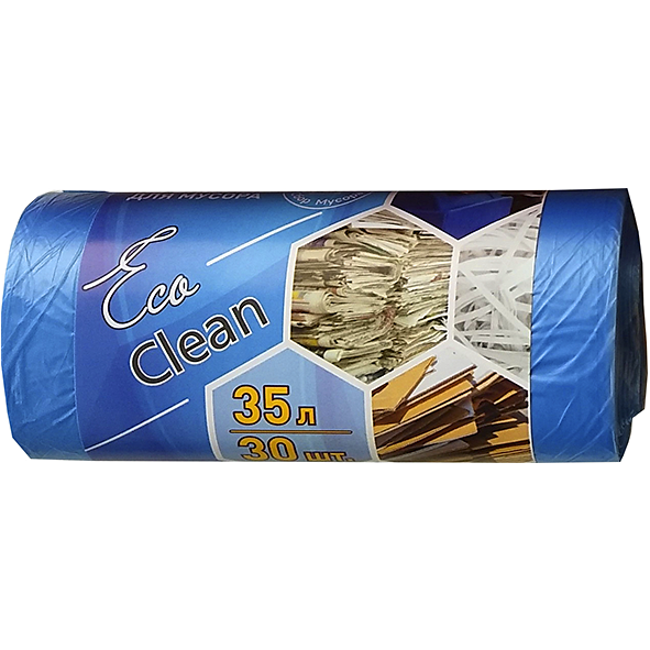 Пакеты для мусора EcoClean 35л, ПНД, 30шт, рулон, синие
