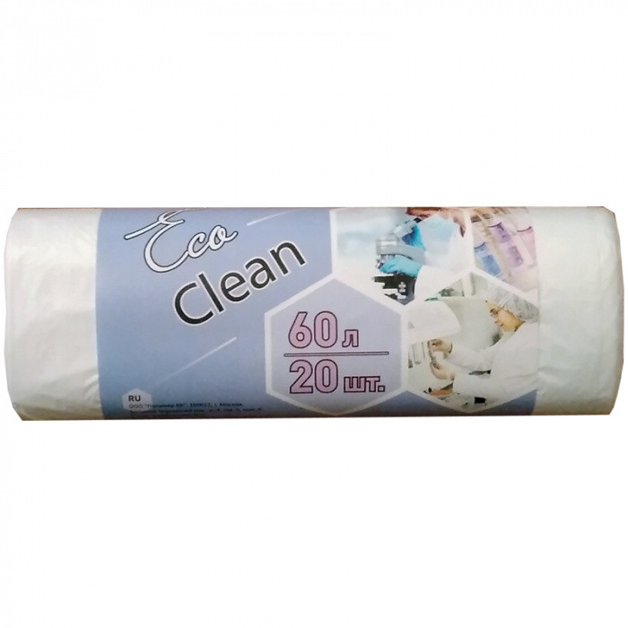 Пакеты для мусора EcoClean 60л, ПНД, 20шт, рулон, белые, 7мкм, 58*68см 1/45