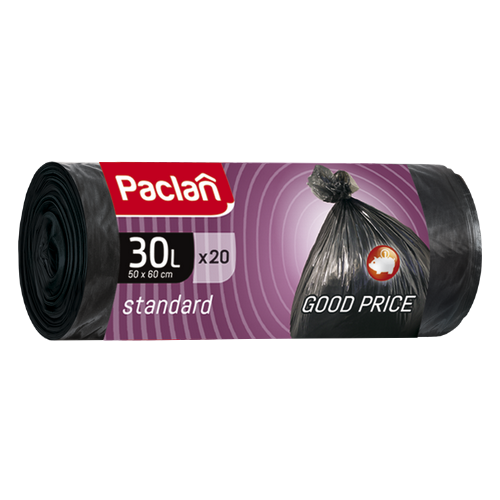 Пакеты для мусора STANDARD 30л, ПНД, 20шт, рулон, черные, 7,3мкм, 50*60см 1/80